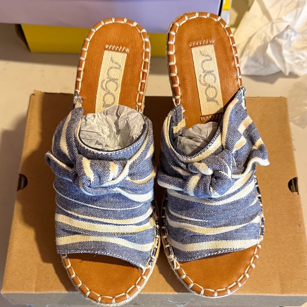 Blue and White Striped Wedge Sandals